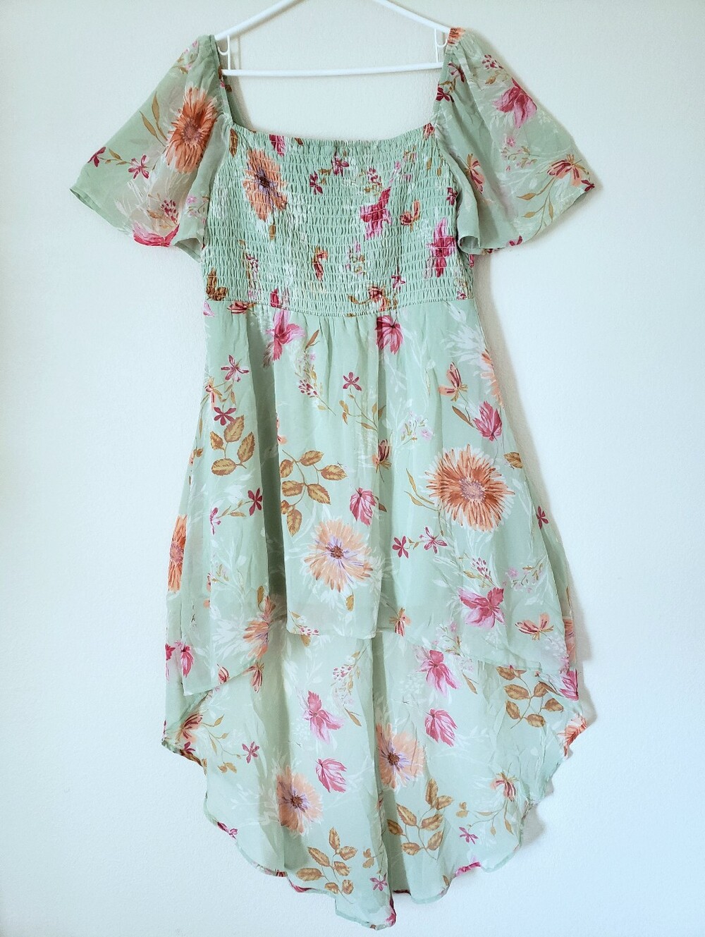 Lily Rose Sage Green Floral Smocked Square Neck Flutter Sleeve Midi Sundress XXL